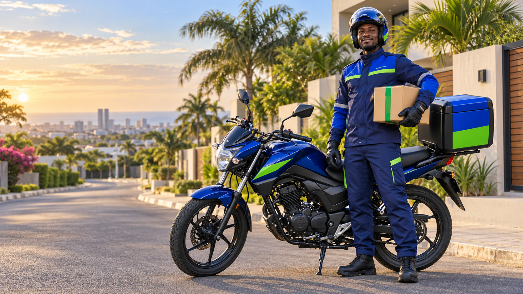 PonyWheels courier standing safely beside a delivery motorcycle
