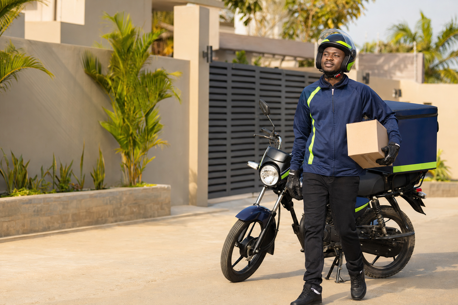 PonyWheels courier standing safely beside a delivery motorcycle